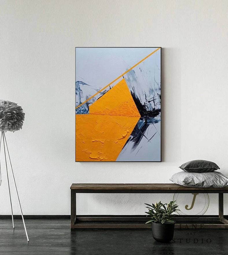 Black Original Hand-painted Hallway Yellow Living Abstract Canvas 15FUW